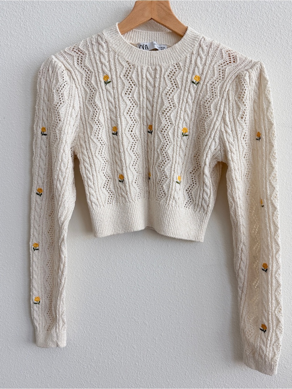 ZARA Cream Knit Cropped Sweater with Yellow Rose Embroidery